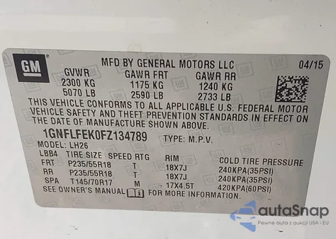 2015 Chevrolet Equinox 1Lt z USA, uszkodzony, nr VIN 1GNFLFEK0FZ134789